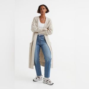 H&M Long Fine-knit Cardigan, XS, Light Beige Melange
